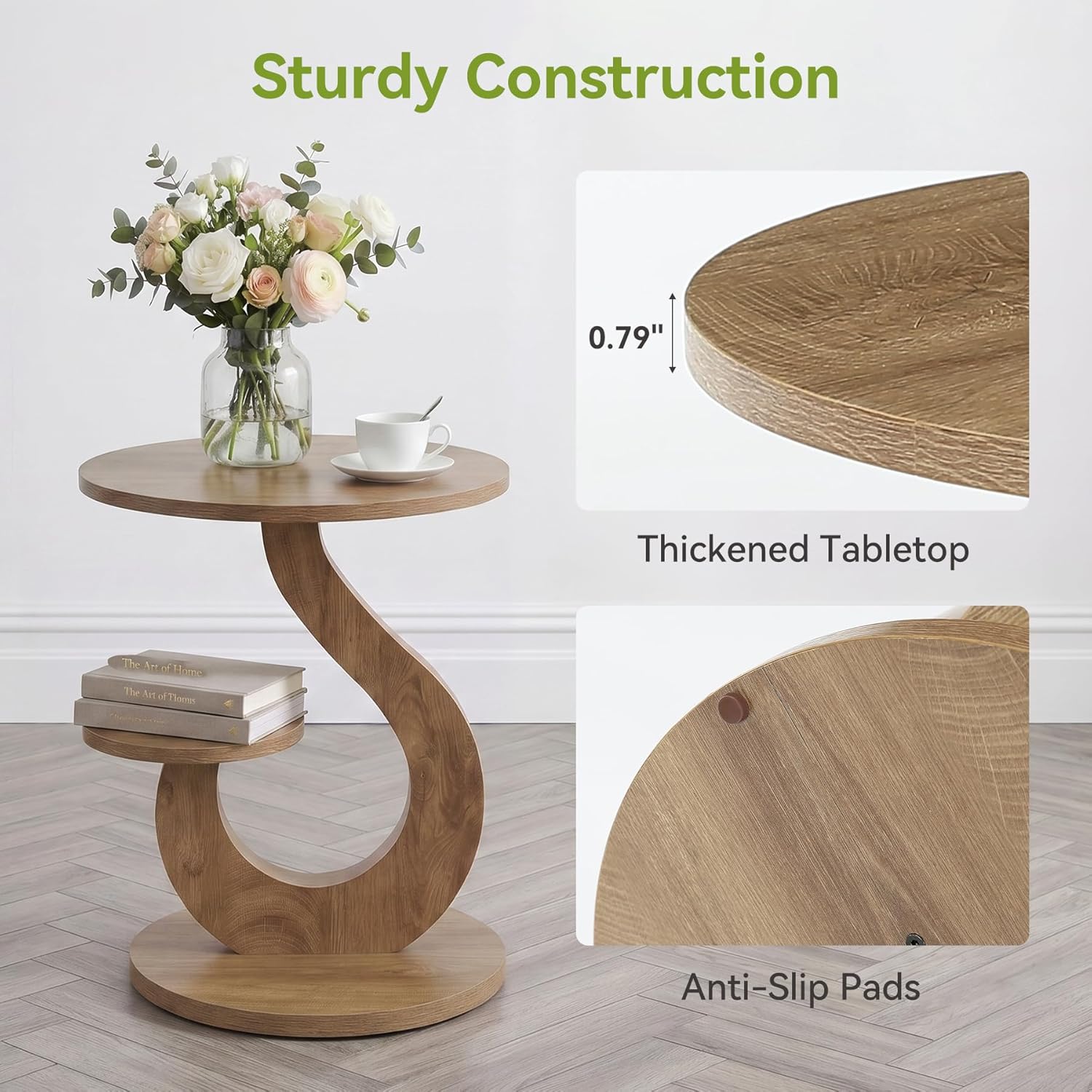 LITTLE TREE 2-Tier Round End Table, Small Side Table for Couch, Living Room, Bedroom, S-Shaped Accent Tables for Small Spaces, Walnut Finish