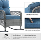 Patio Furniture Set 3 Pieces, Wicker Rocking Bistro Set with Thick Cushions, Outdoor Rocker Chairs and Coffee Table for Porch, Backyard or Garden (Blue)