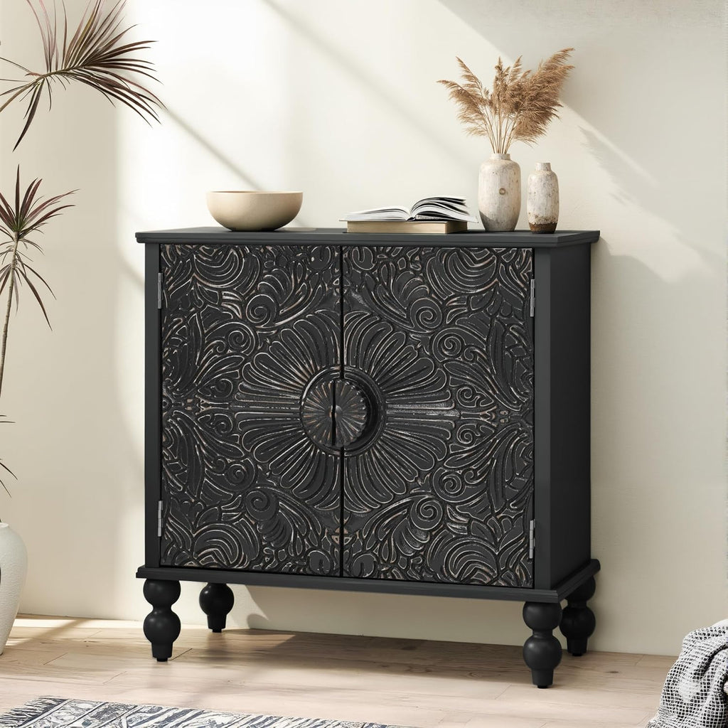 Buffet Cabinet with Storage, Accent Cabinet with 2 Carved Doors, Solid Wood Sideboard with Adjustable Shelf, Vintage Cabinets for Kitchen, Living Room, Entryway, Black