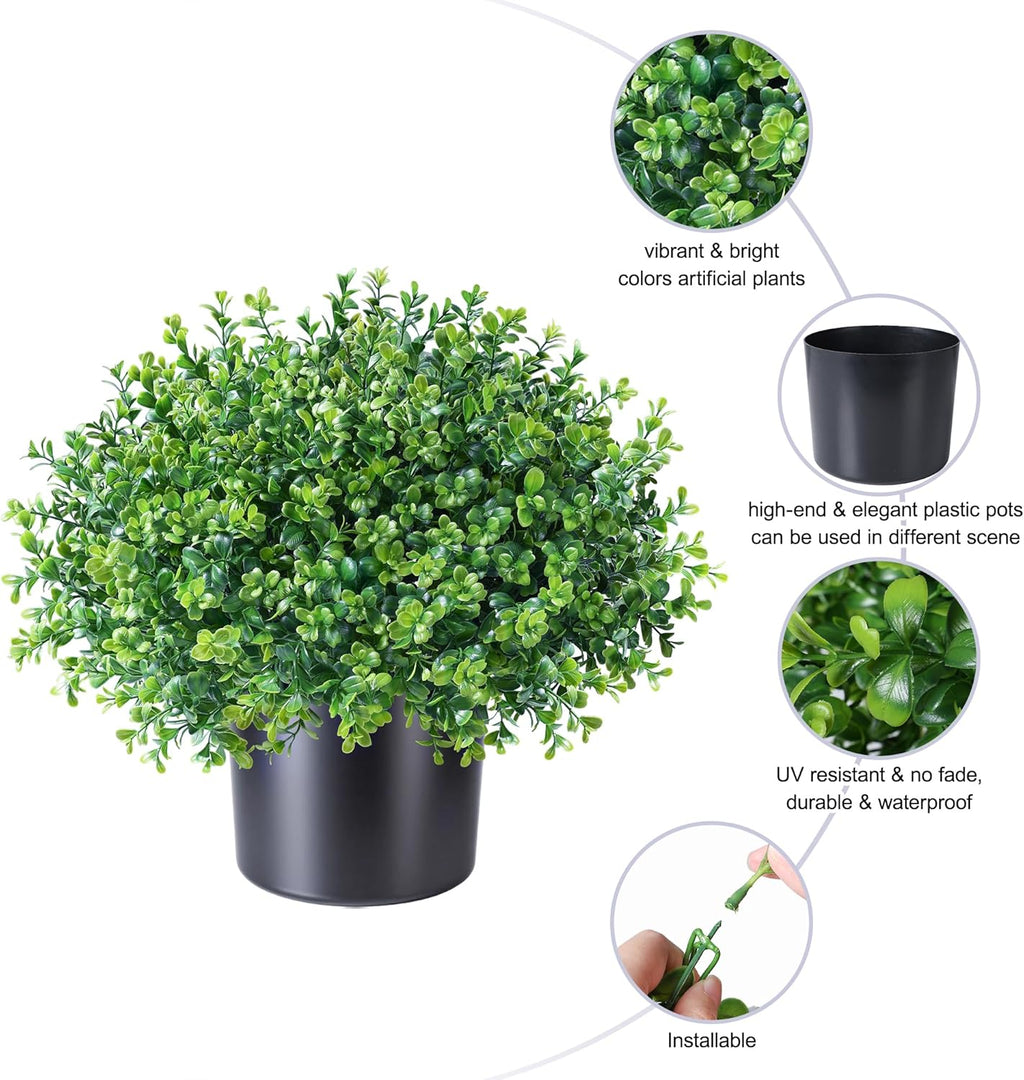Fake Plants Artificial Plants Outdoor for Spring Summer Decor, 2 Pack Boxwood Fake Potted Plant Artificial Greenery Realistic UV Resistant Faux Outdoor Plant with Pot for Outside Porch Garden Patio