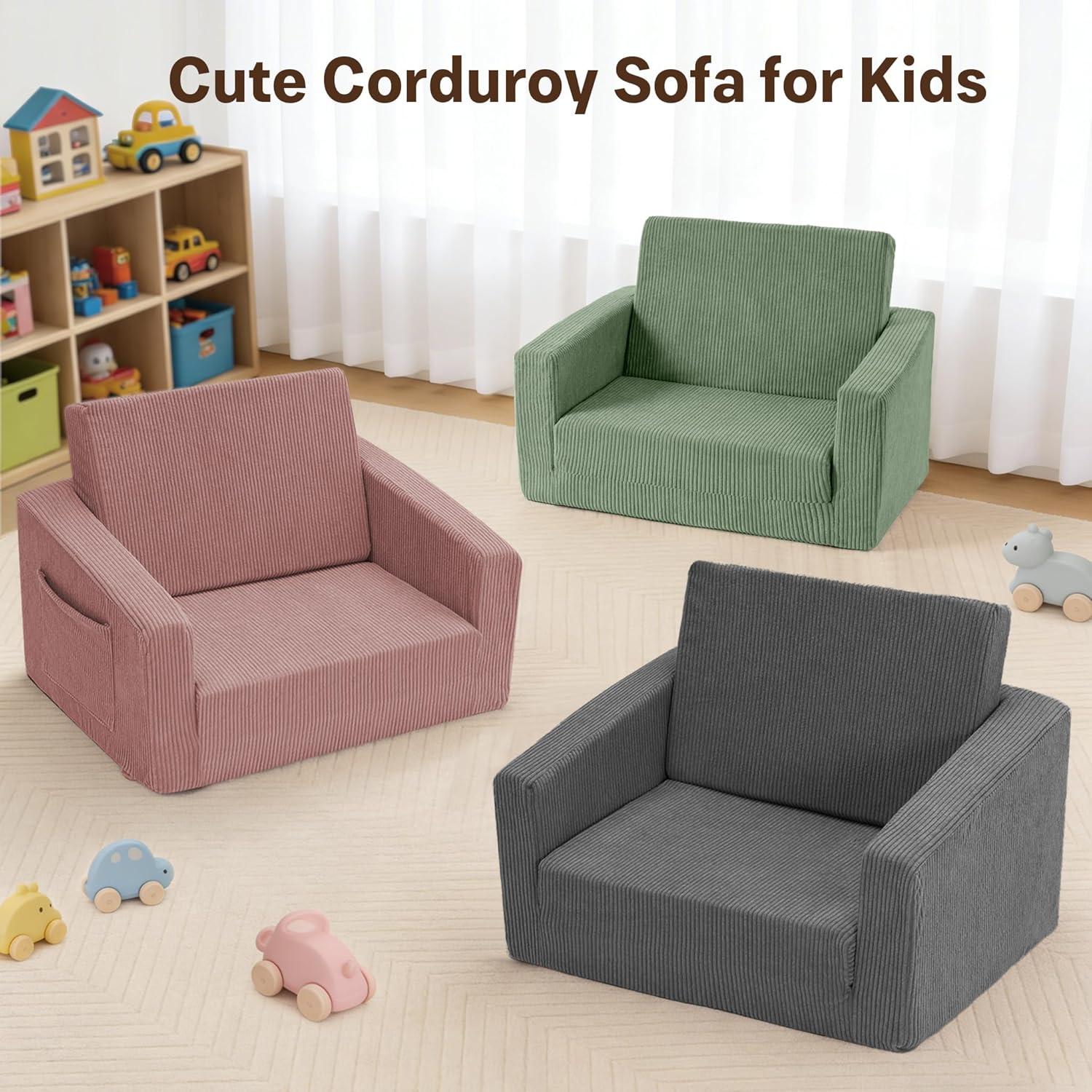 Bubble Ball Comfy Kids Couch and Chsir, 2-in-1 Convertible Sofa Chair, Soft Fold Out Couch for Reading, Playroom, Kids Couch for Boys & Girls, Green