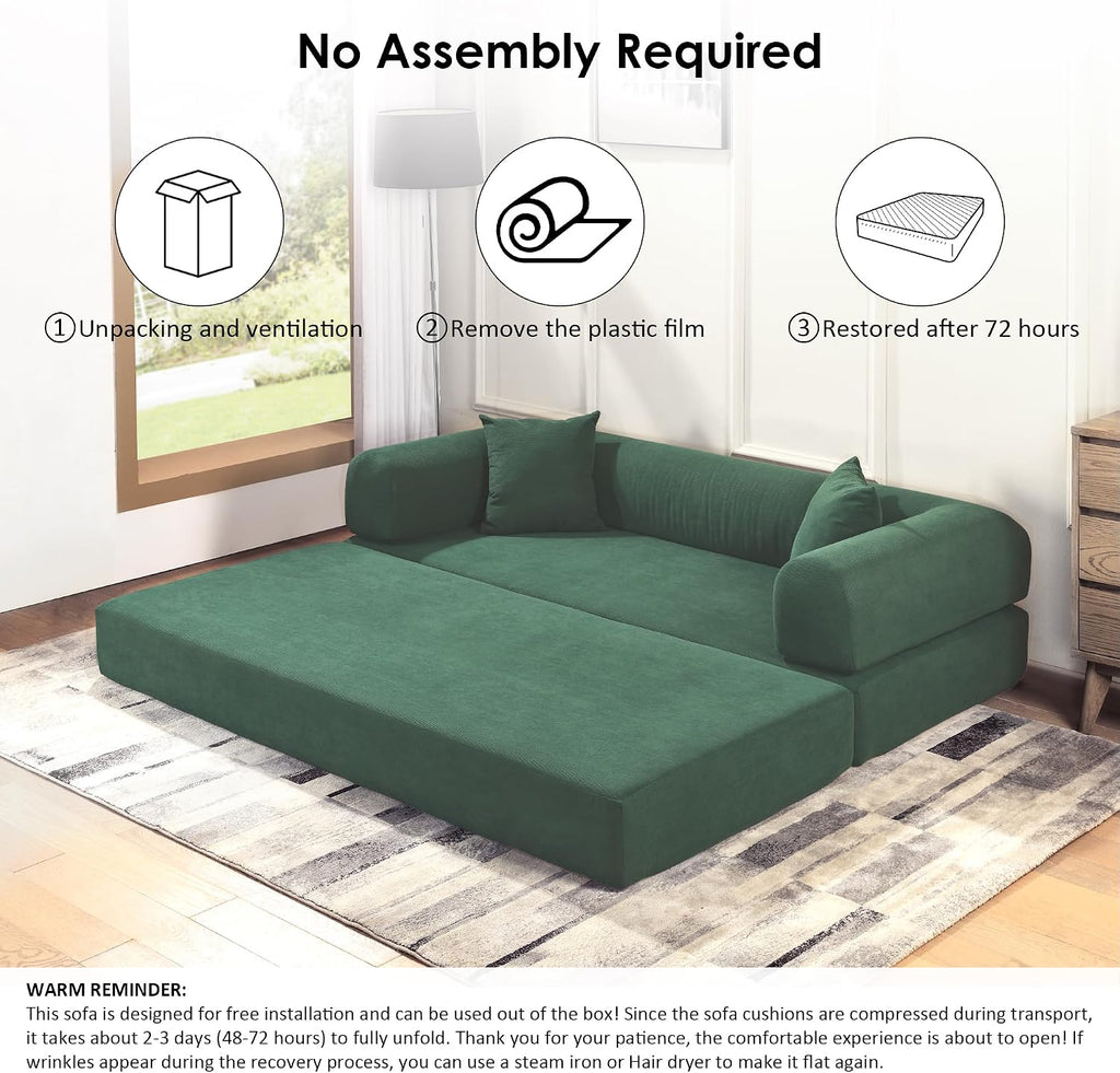 80" Cloud Sleeper Sofa Bed Pull Out Couch, Corduroy Boneless Sofa with Side Storage Pocket, Convertible Compression Sofa with Pillows for Living Room Bedroom, Light Green