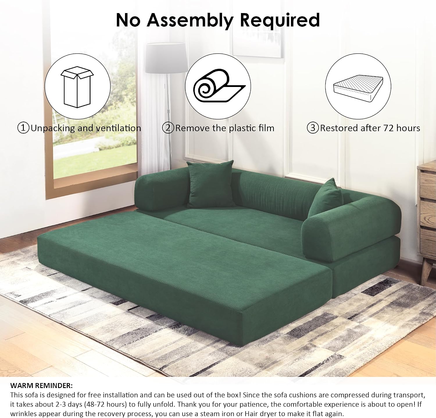 80" Cloud Sleeper Sofa Bed Pull Out Couch, Corduroy Boneless Sofa with Side Storage Pocket, Convertible Compression Sofa with Pillows for Living Room Bedroom, Light Green