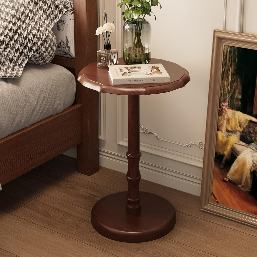 100% Solid Wood Round Pedestal Side Table, Vintage End Table for Living Room Bedroom, Heavy-Duty Antique Accent Table for Corner Spaces, Small Bedside Nightstand, 5-Min Assembly, Walnut
