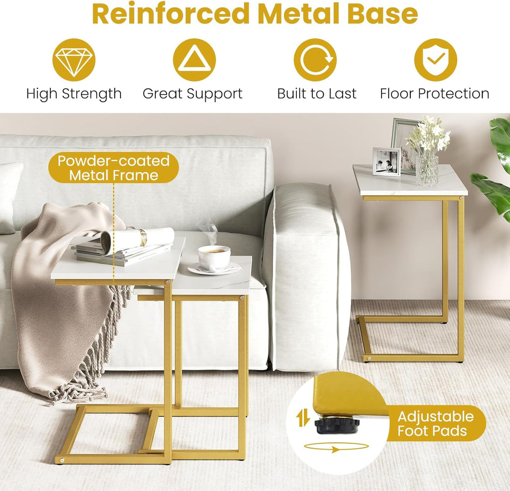 GOFLAME Nesting Coffee Tables Set of 3, Rectangular Nesting Center Table with Faux Marble Top & Metal Frame, Modern C-Shaped Nested Side Table Set for Living Room, Bedroom, Gold & White