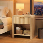 Decofy Fluted 1-Drawer Nightstand with Charging Station, Oak | Open Shelf, Gold Handles, Curved Profile, USB and Type C Ports, Wood Bedside Table for Bedroom Storage