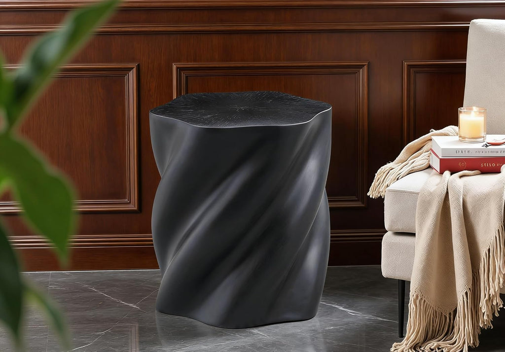 19.69" Modern Sculpture-Style Black Fiberglass End Table,Sofa Couch Side Table.Distorted Organic Design,Fully Assembled,Indoor/Outdoor Versatile.Artistic Accent for Living Rooms, Bedrooms & Patios