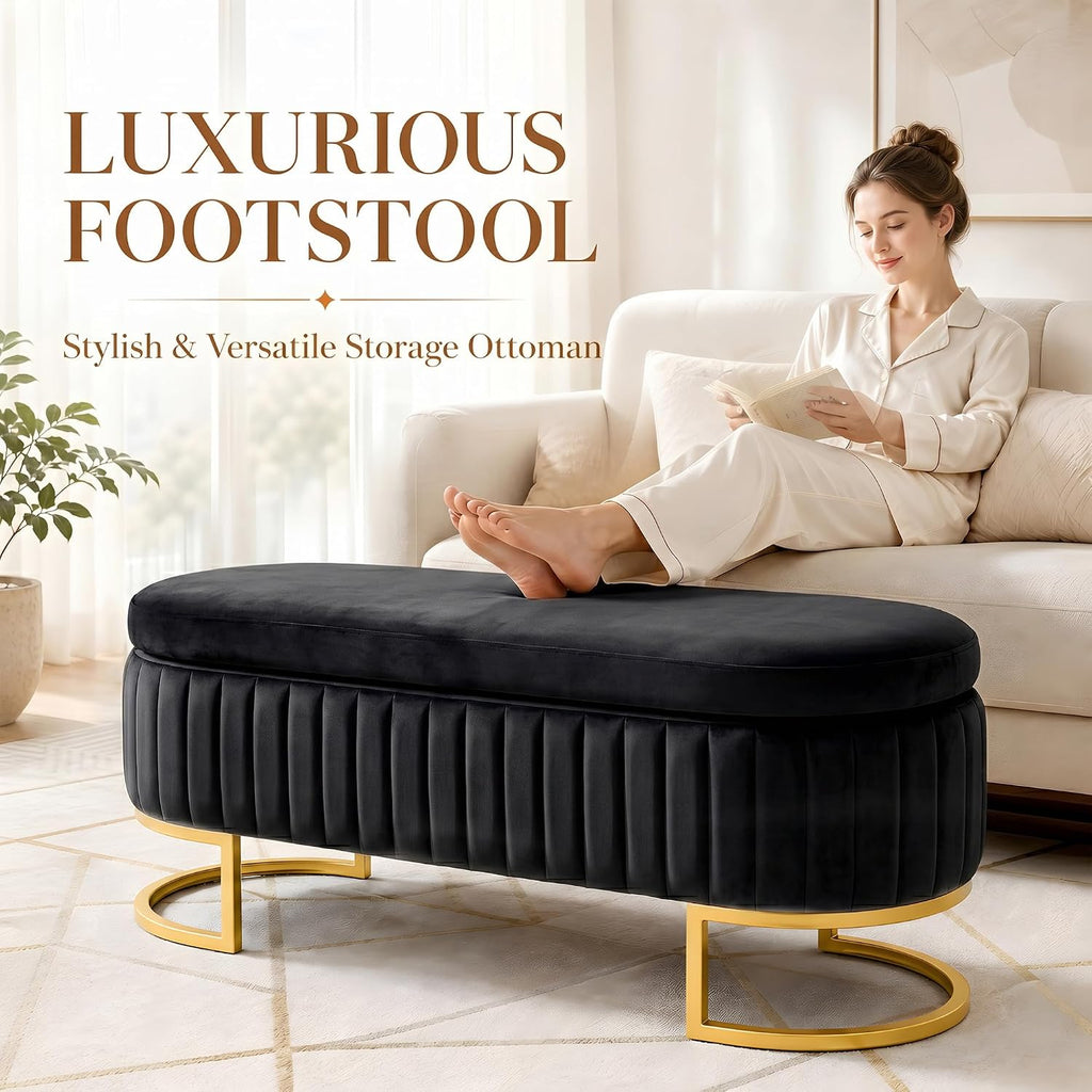 50.5" Modern Velvet Storage Bench, Luxury Channeled Queen Size End of Bed Bench with Hidden Storage and Gold Legs, Modern Glam Ottoman Bench for Bedroom, Living Room, Entryway, Black