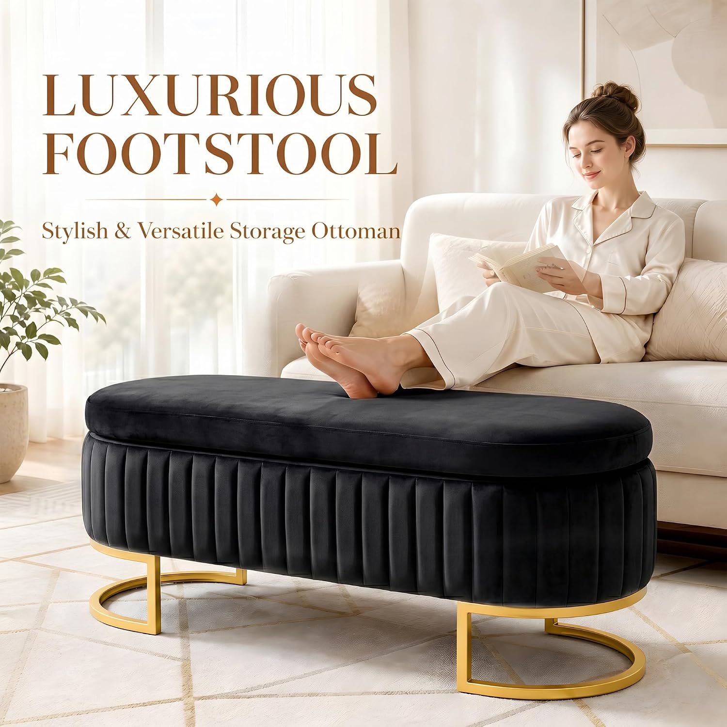 50.5" Modern Velvet Storage Bench, Luxury Channeled Queen Size End of Bed Bench with Hidden Storage and Gold Legs, Modern Glam Ottoman Bench for Bedroom, Living Room, Entryway, Black