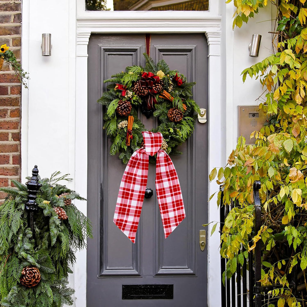 TONIFUL Wreath Sash for Front Door 4.5" x 56" Red Check Plaid Wreath Sash for Embroidery Garland Doorway Indoor Outdoor Wall Yard Ribbon Bow Christmas Party Home Decor