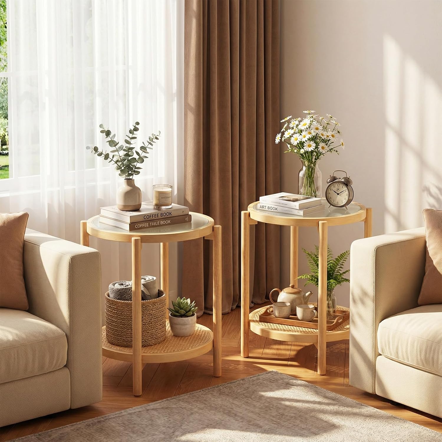 Giantex Rattan Round Side Table, 2-Tier Boho End Table w/Tempered Glass Top, Storage Shelf & Acacia Wood Legs, Accent Coffee Tables, Bedside Night Stand for Bedroom Living Room Small Space (Natural,1)