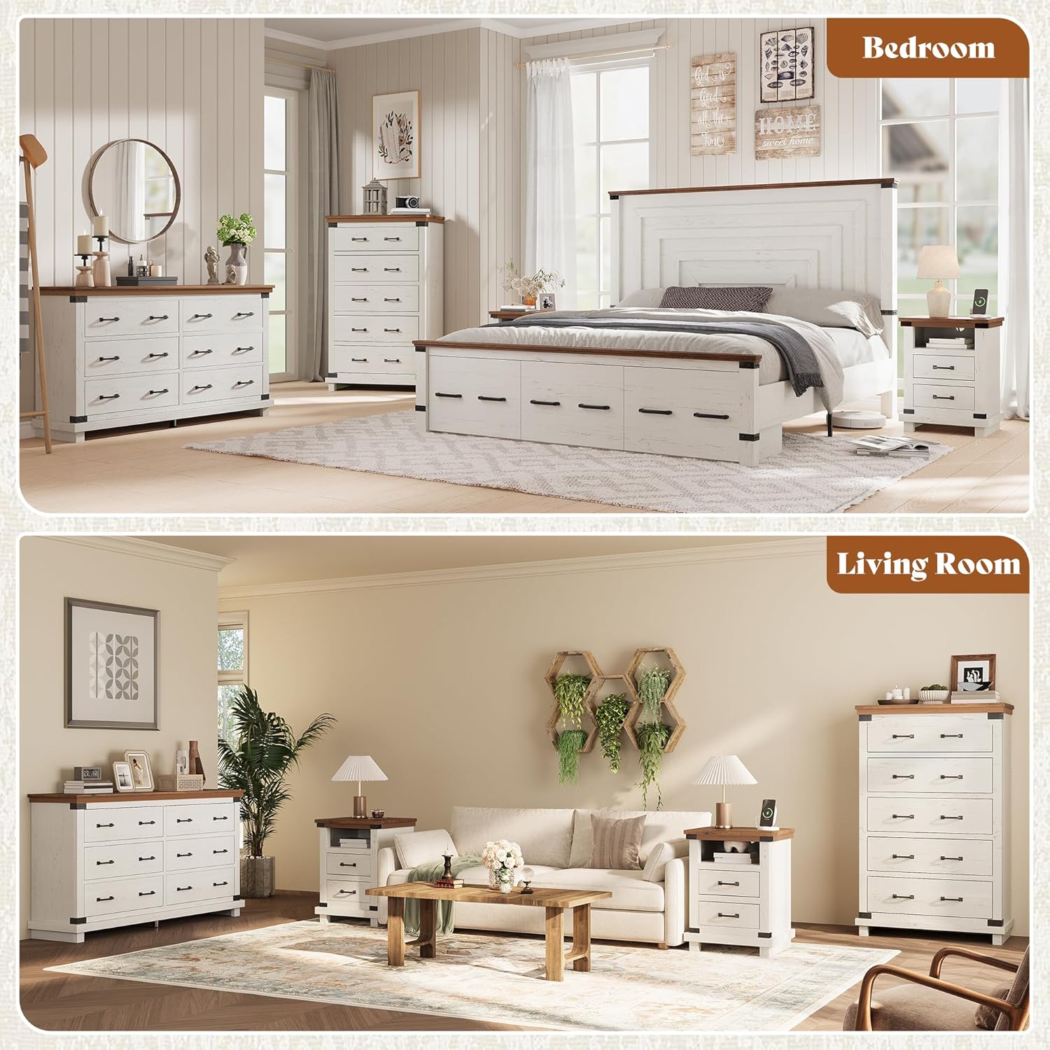 AMERLIFE Farmhouse End Table Set of 2, 18" Wood Nightstands with Charging Station and 2 Drawers, Heavy Duty Bedside Tables for Bedroom or Living Room, Antique White