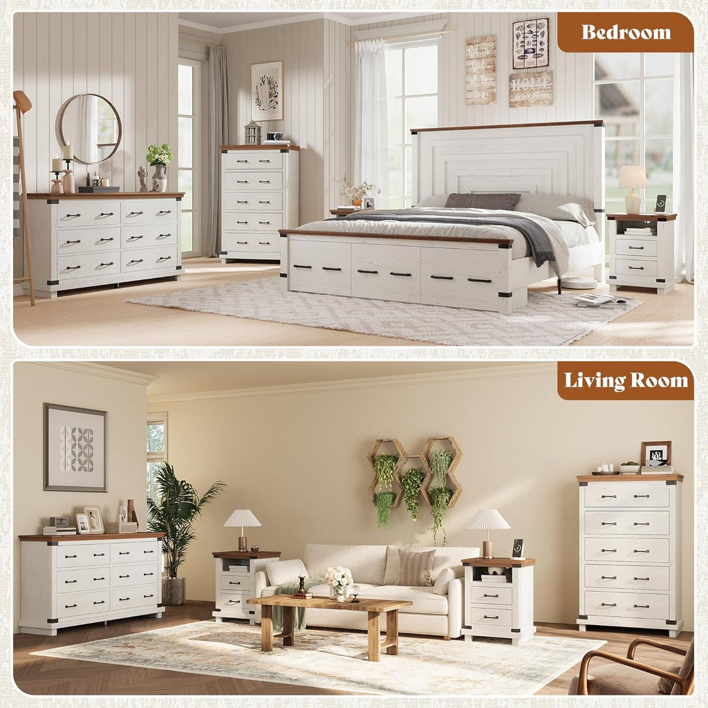 AMERLIFE Farmhouse End Table Set of 2, 18" Wood Nightstands with Charging Station and 2 Drawers, Heavy Duty Bedside Tables for Bedroom or Living Room, Antique White