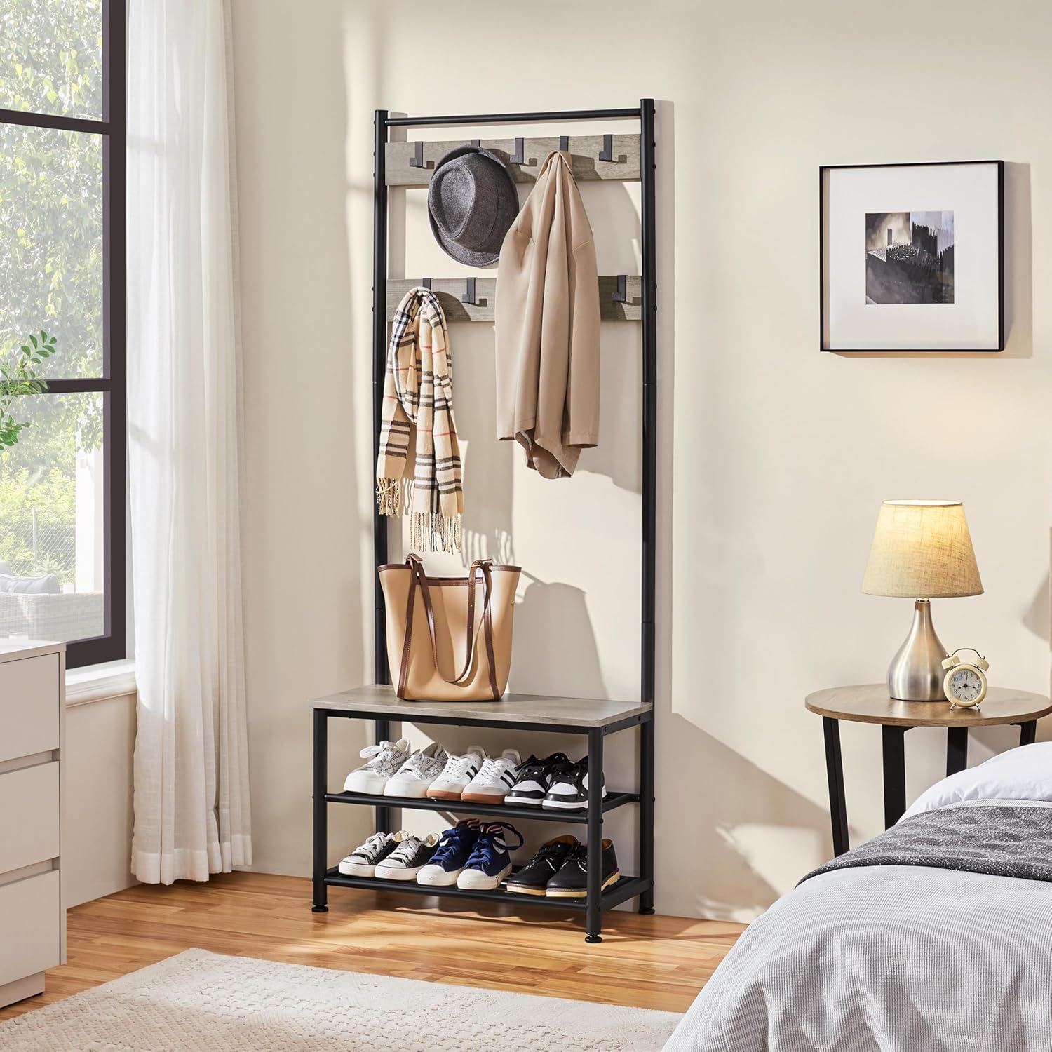Yaheetech Coat Rack, Hall Tree with Shoe Bench, Entryway Shoe Storage with Coat Rack Stand, 9 Movable Hooks, Industrial Entryway Furniture, Gray