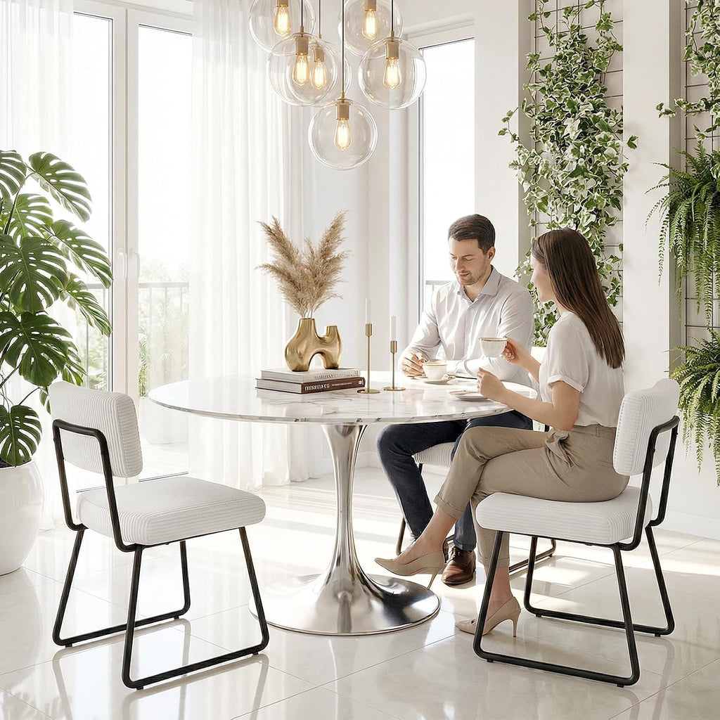 Dining Chairs Set of 2, Upholstered Velvet Dining Room Chairs Kitchen Chairs with Thick Cushion, Soft Backrest, Metal Legs, Modern Accent Side Chair for Home Living Room Bedroom, White