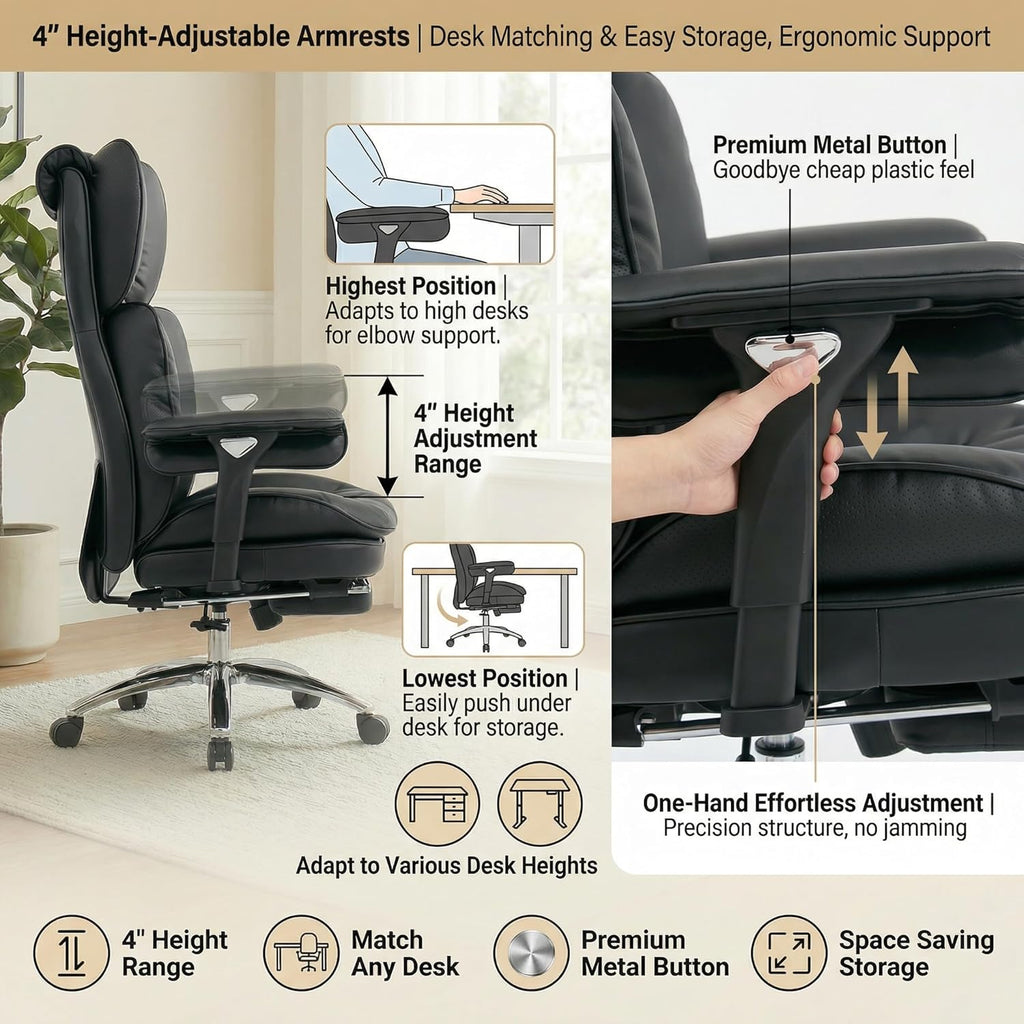 Big and Tall Office Chair, 400lbs Heavy Duty Wide Seat Executive Chair with Footrest, High Back Leather Computer Desk Chair for Home Office (Black)