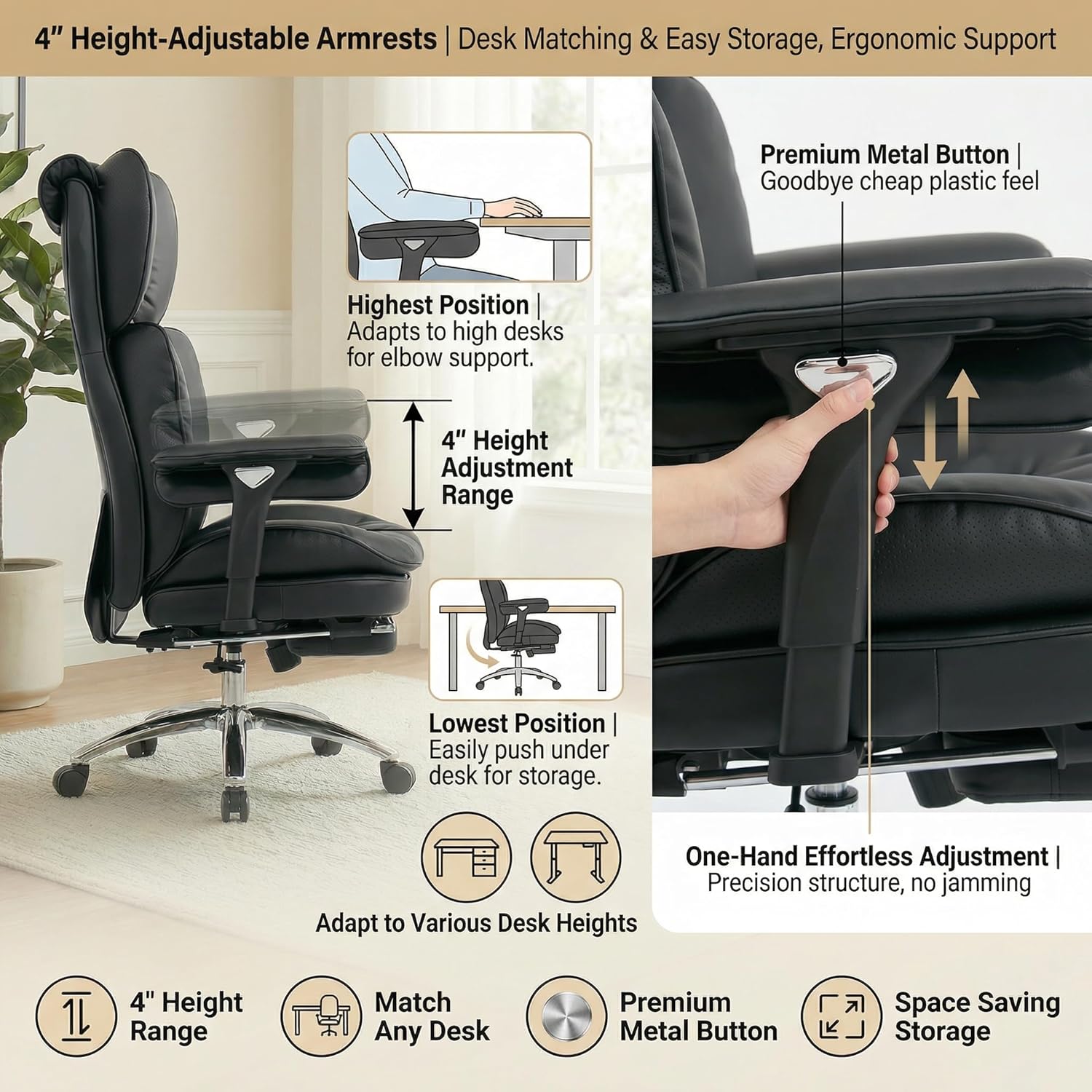 Big and Tall Office Chair, 400lbs Heavy Duty Wide Seat Executive Chair with Footrest, High Back Leather Computer Desk Chair for Home Office (Black)