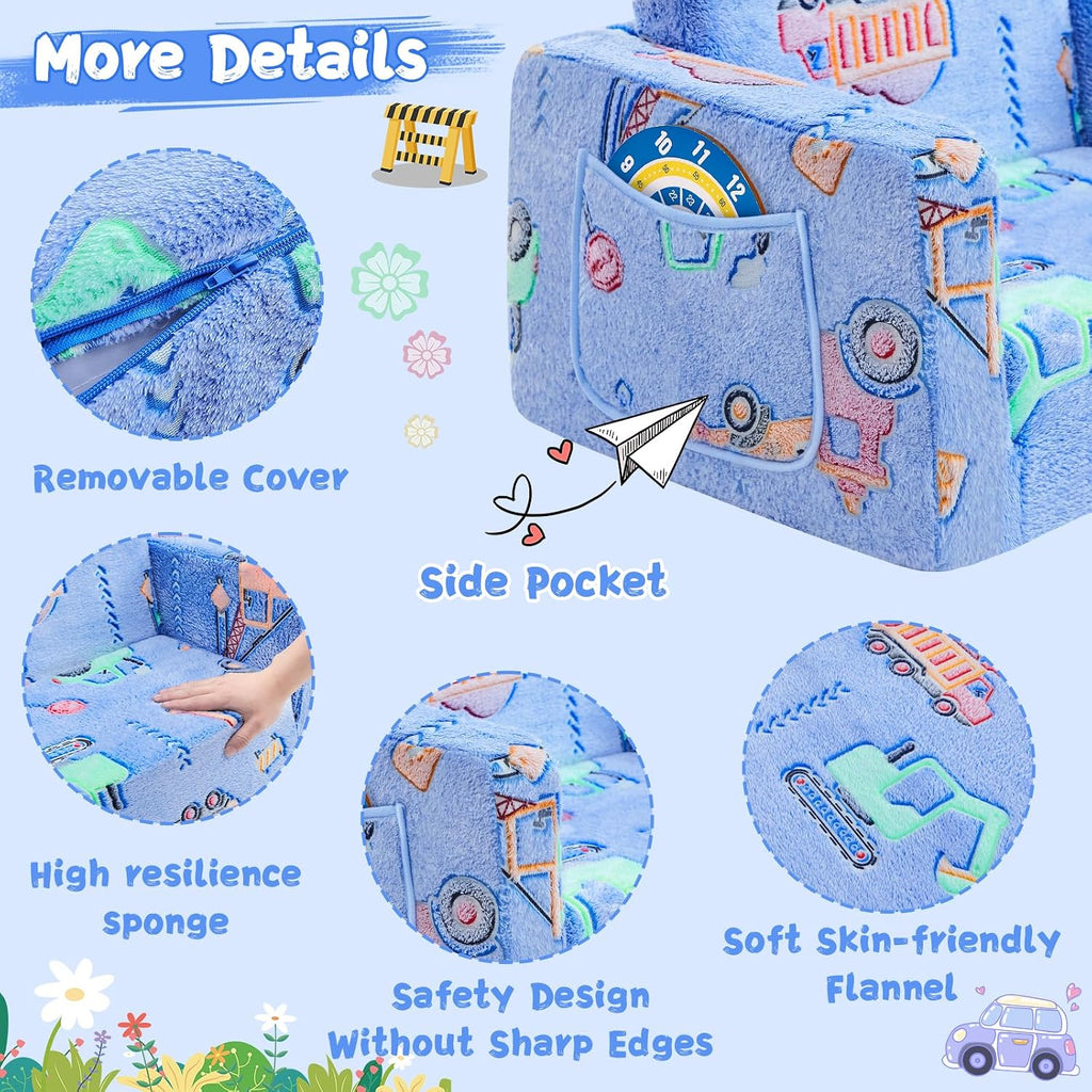 inhand Toddler Chair Comfy,2-in-1 Soft Toddler Couch Fold Out for Kids,Convertible Sofa to Lounger,Gift for Girls and Boys Birthday,Truck
