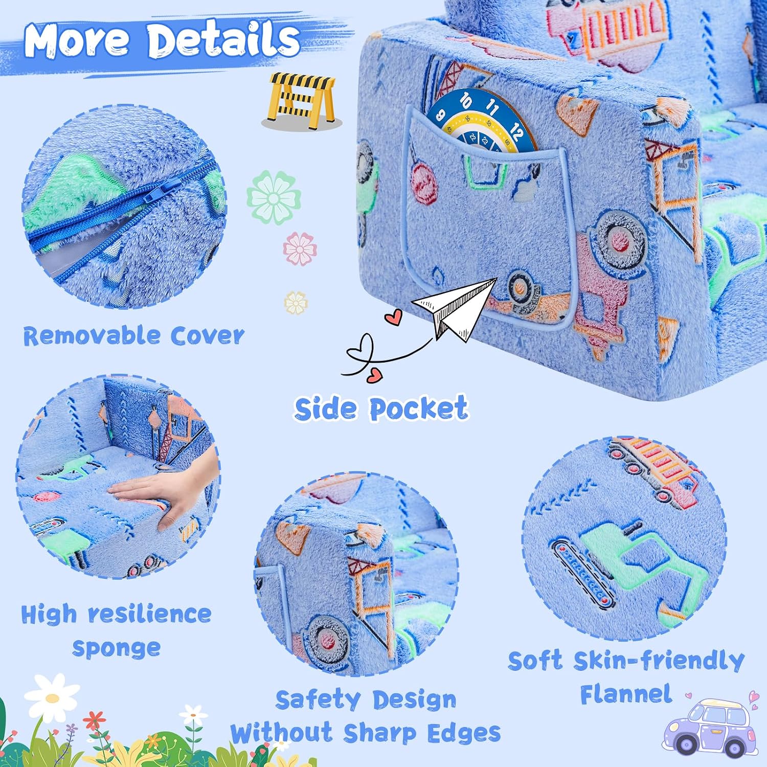 inhand Toddler Chair Comfy,2-in-1 Soft Toddler Couch Fold Out for Kids,Convertible Sofa to Lounger,Gift for Girls and Boys Birthday,Truck
