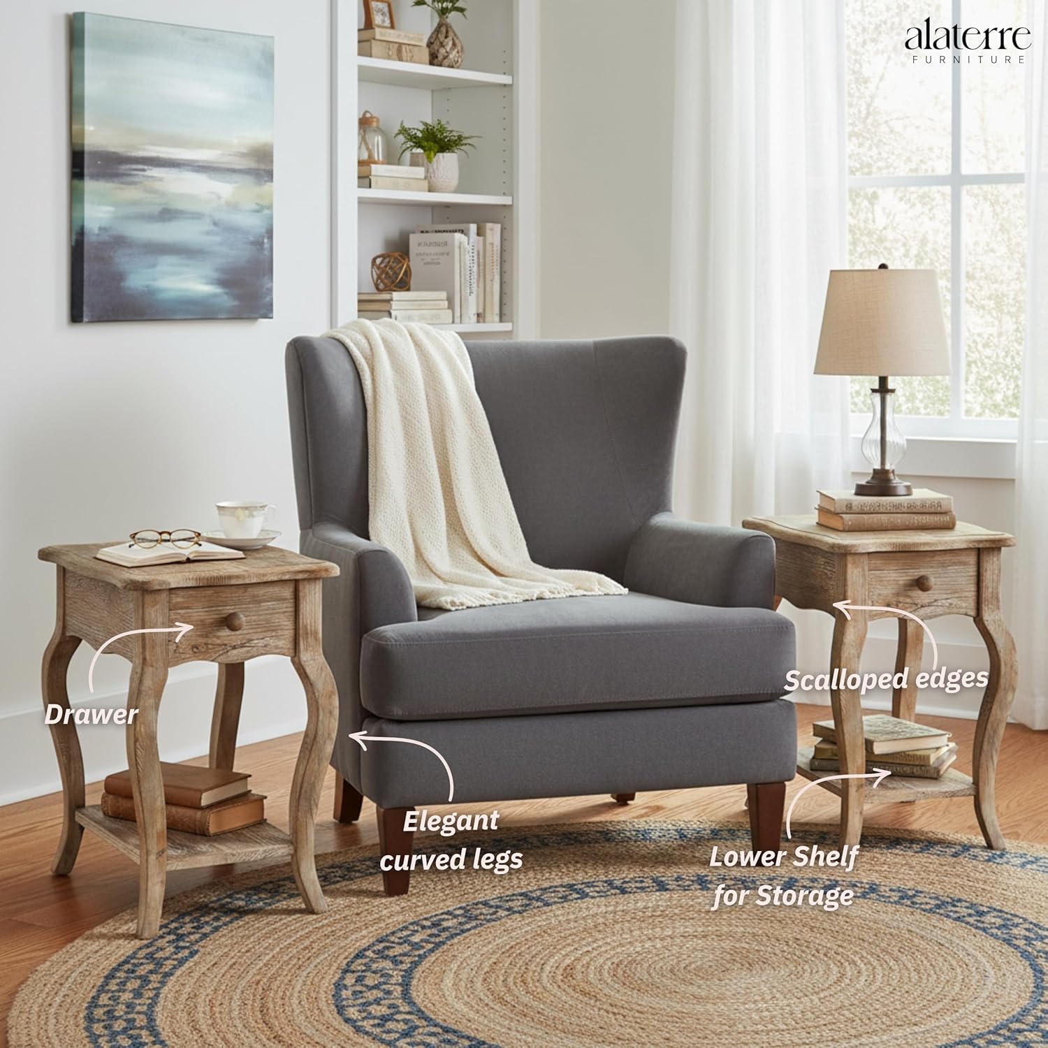 Alaterre Furniture Austerity Living Room Tables – 15 Inch Narrow Chairside Table with Drawer, Shelf, Scalloped Edges, & Curved Legs – Rustic Accent Side Table in Driftwood Finish (Set of 2)