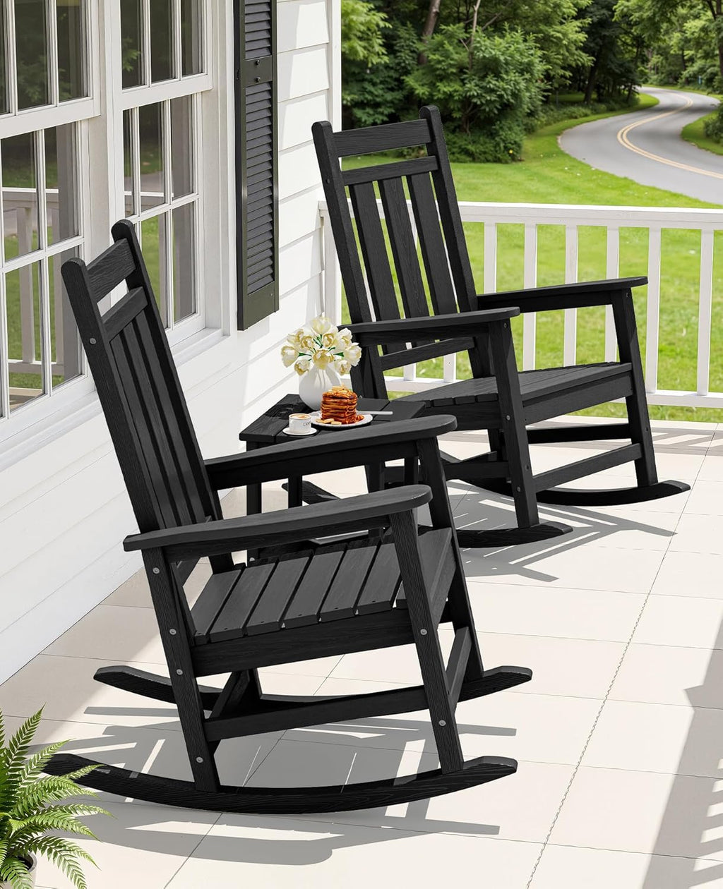 KINGYES Oversized Outdoor Rocking Chair Set of 2, All-Weather Patio Rocking Chairs for Porch, HDPE Outdoor Patio Recliner Rockers with High Back & Wide Seat for Garden, Lawn, Black