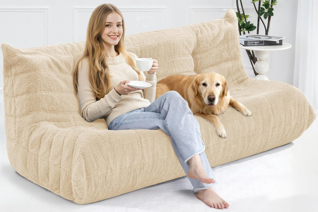 Bean Bag 3-Seater Chair Big Sofa Beanbag Chair for Adults Fireside Chair Bean Bag Lounger with Memory Foam Filled for Home,Apartment or Gaming Venue（Khaki Teddy）