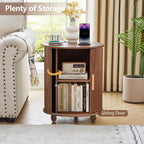 18 Inch Nightstands Set of 2, Fluted Round Wood Nightstand with Charging Station, Small End Table for Living Room, Sliding Door Round Side Table with Storage for Bedrrom (18 inch, Walnut)