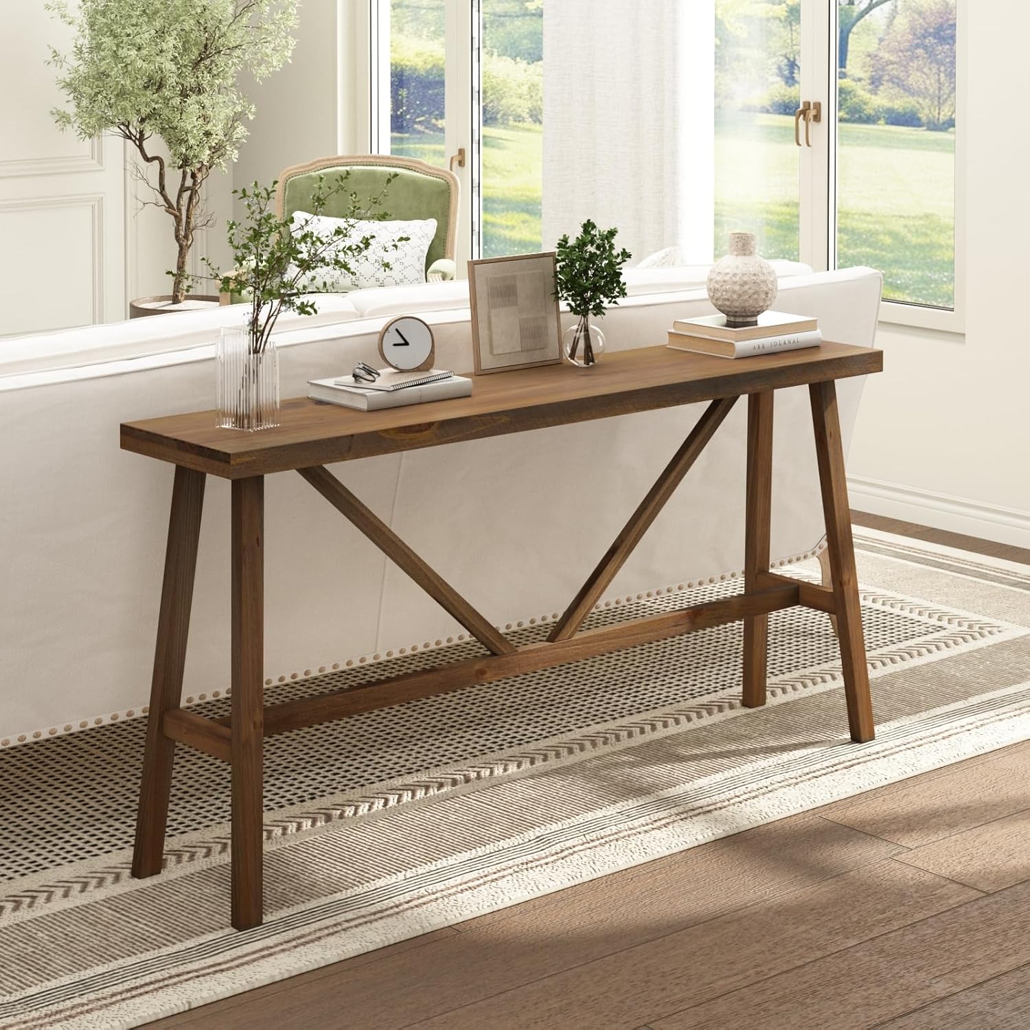 Wnutrees 63" Farmhouse Solid Wood Console Tables, Rustic Hallway Table, Solid Firwood Sofa Table for Entryway, Living Room, Easy Assembly, Natural