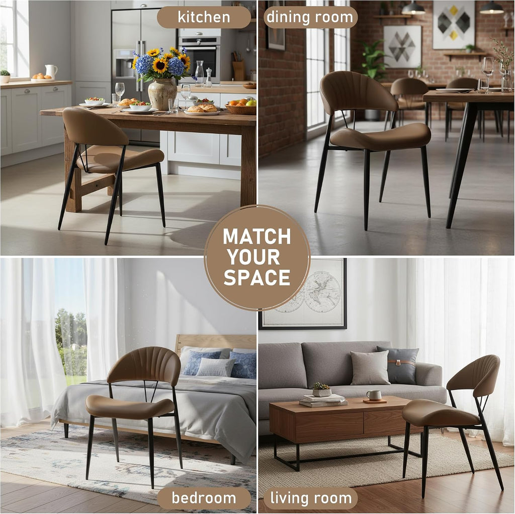 PU Leather Dining Chairs Set of 6, Mid Century Modern Dining Chairs with Stitching, Upholstered Kitchen & Dining Room Chairs with Curved Back and Black Metal Legs (Brown)