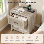 Rattan Nightstand Set of 2 with Charging Station, 22'' Wide Bedside Table with Drawer & Open Shelf, Wood Night Stand End Side Table with Storage for Bedroom, Grey Oak