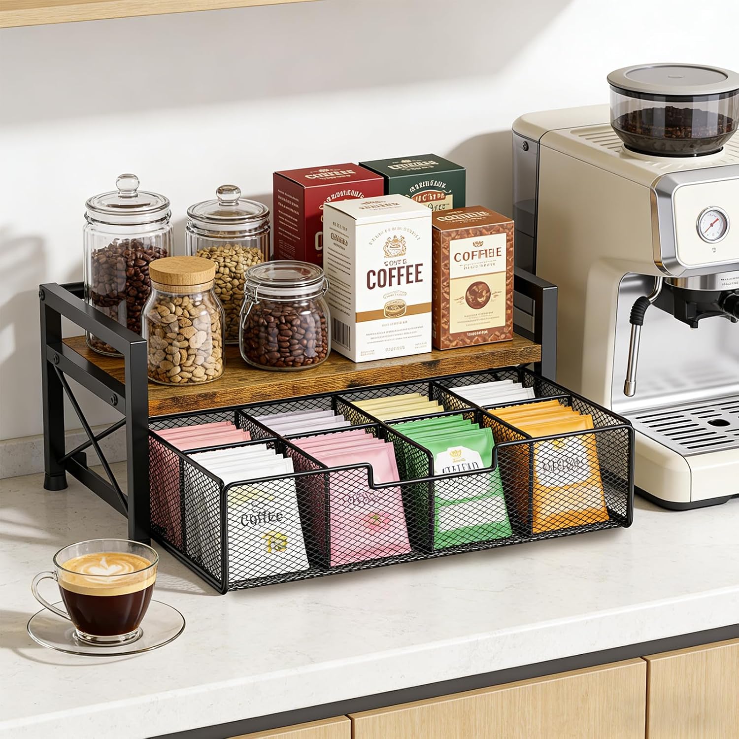 Tea Bag Organizer, Tea Organizers and Storage with 8 Compartments & Drawer, Wooden Metal Tea Bag Holder for Countertop Kitchen Office Tea Station, Rustic Brown