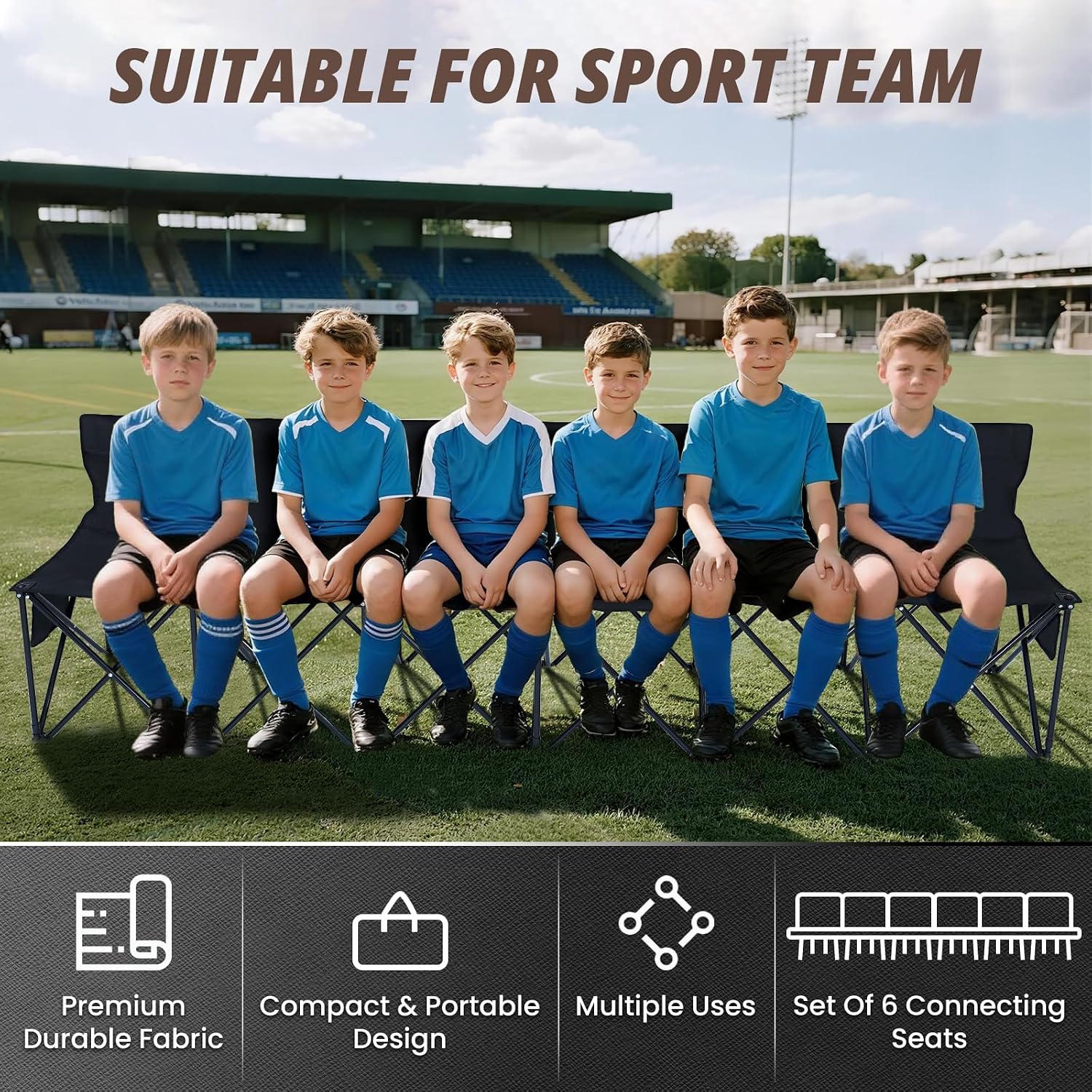 Begonia.K 6 Seats Portable Folding Soccer Benches for Team - Foldable Sideline Bench with Pockets & Carry Bag - Lightweight Team Chair for Football Camp Outdoor Sports Events