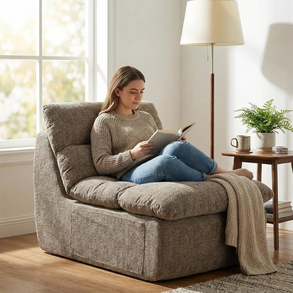 Furnimart High Density Foam Bean Bag Chair for Adults, XXL Boneless Floor Lounger with Ergonomic Back Support, No Sag Compression Foam, No Assembly, Washable Chenille Cover (Taupe)
