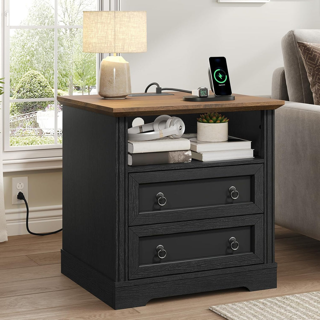 Farmhouse Nightstand with Charging Station, Wooden Bedside End Table with 2 Drawers and Open Storage Shelf, Side Table for Bedroom Living Room, Black & Walnut