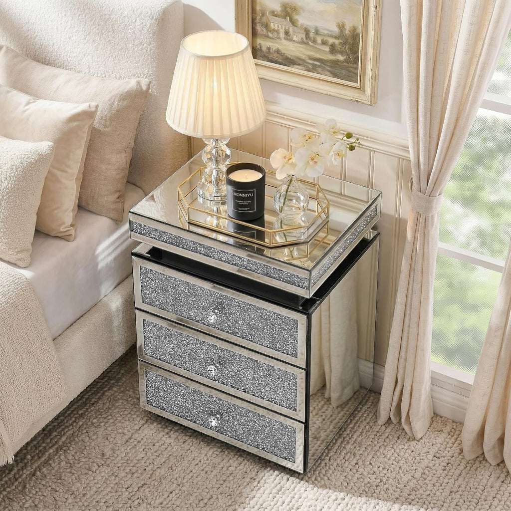 Modern Glam Glass Mirror Nightstand, Silver Bedside Table with Sparkling Crushed Diamond, 3-Drawer Luxury Mirrored Accent Table for Living Room, Bedroom, Fully Assembled