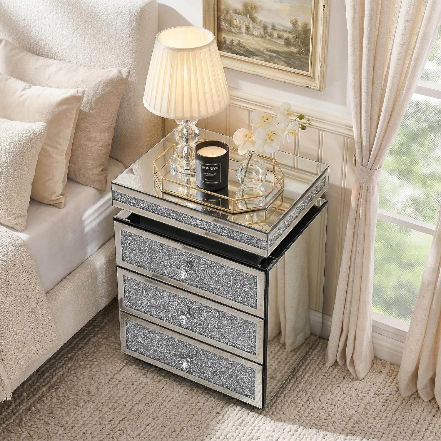 Modern Glam Glass Mirror Nightstand, Silver Bedside Table with Sparkling Crushed Diamond, 3-Drawer Luxury Mirrored Accent Table for Living Room, Bedroom, Fully Assembled