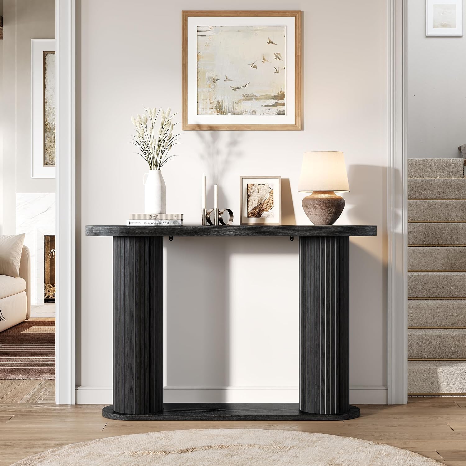 Garvee Fluted Console Table, 42.5 Inch Narrow Wood Entryway Table with Storage Shelf, Sofa Table Behind the Couch, for Hallway, Living Room, Foyer, Entrance, Black
