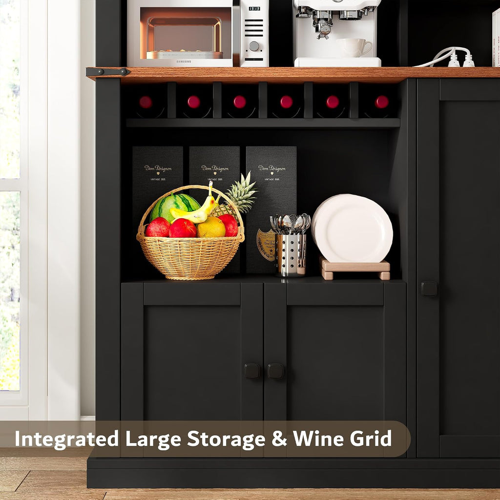Einhomn 71" Tall Kitchen Pantry Cabinet with Charge Station, 3 Adjustable Shelves, Wine Rack and Glass Door, Kitchen Hutch for Dining Room, Kitchen and Living Room, Black