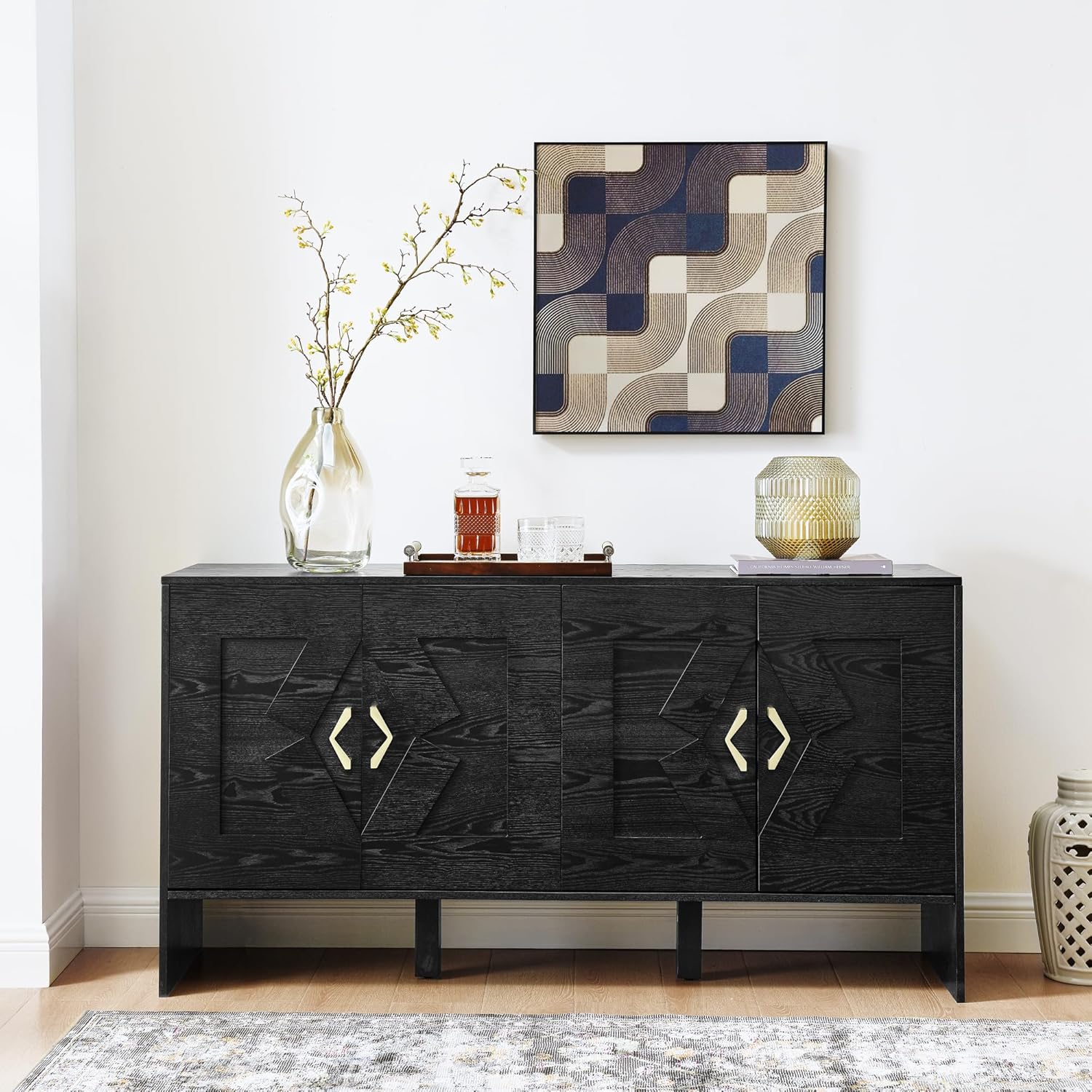 LKTART 60" Black Sideboard Buffet Cabinet,Modern Accent Credenza Storage Cabinet with 4 Doors,Media Console Table for Living Room Entryway