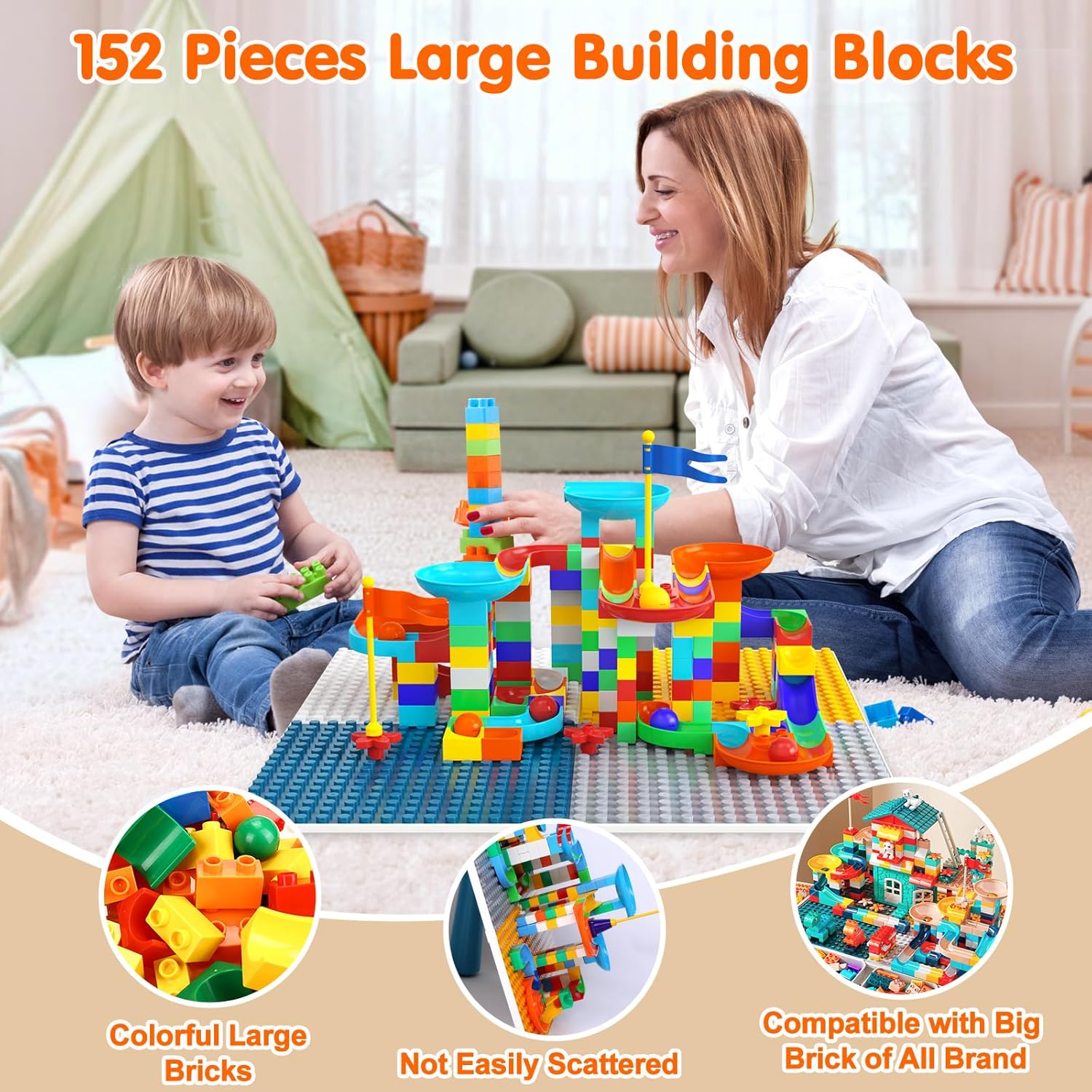Arscniek Toddlers Activity Table 7 in 1 Kids Activity Tables and Chair Set with 152Pcs Large Marble Run Building Blocks, Sand/Water Tables, Kids Learning Play Table Toys for Girls Boys Toddler Age 3-7