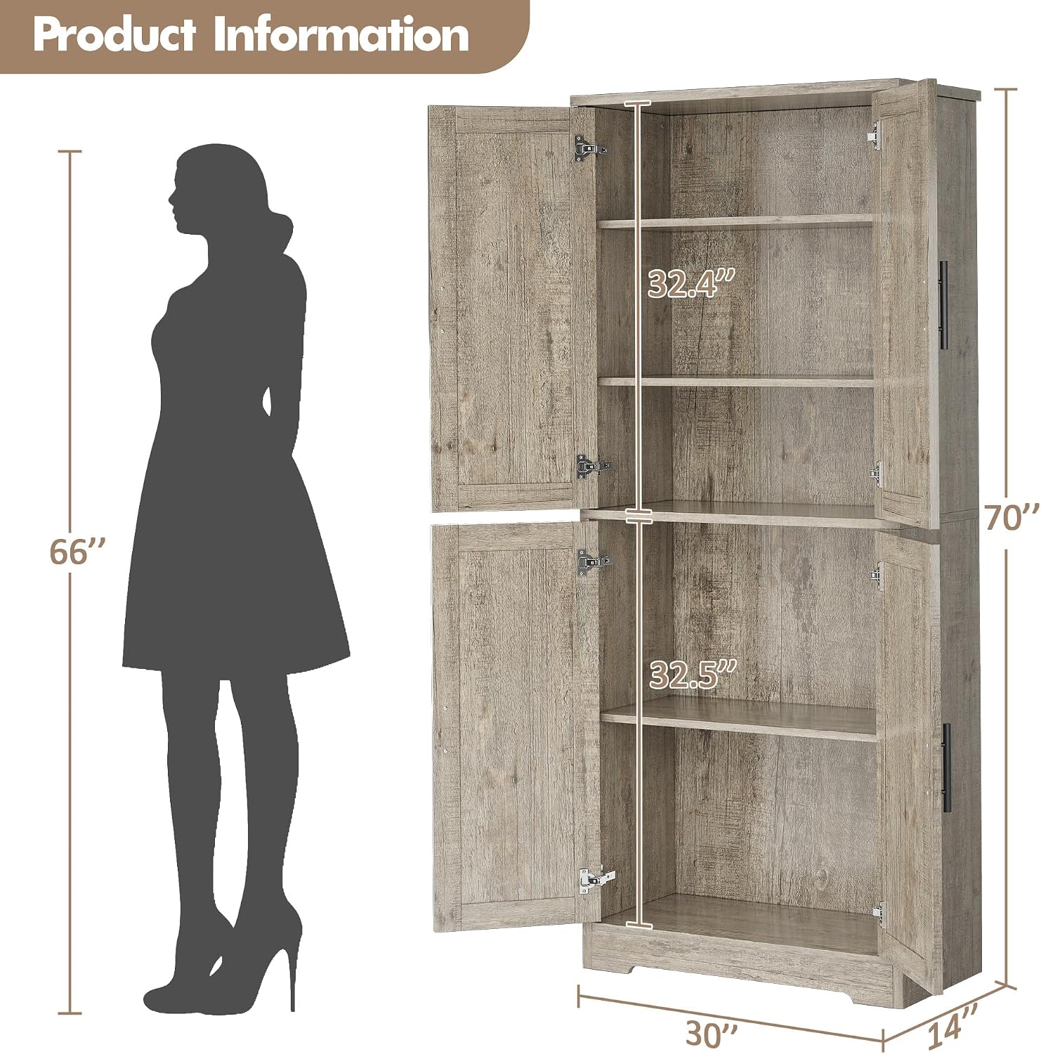 70" Tall Pantry Cabinet, Kitchen Pantry Storage Cabinets with 2 Door and 3 Adjustable Shelves, for Kitchen, Dining Room, Living Room and Bathroom