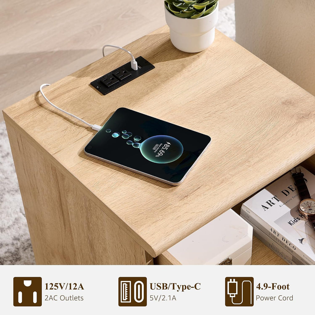 ACCOHOHO 18" Nightstand Set of 2 with Arched Panel,Natural Oak | Bedside Table & Side End Table with Charging Station, Drawer Storage, and Open Shelf for Bedroom & Living Room