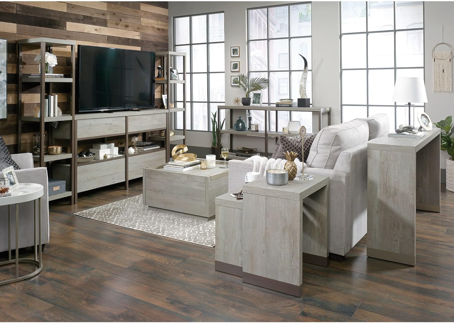 Sauder Manhattan Gate Engineered Wood and Metal Computer Hutch in Mystic Oak