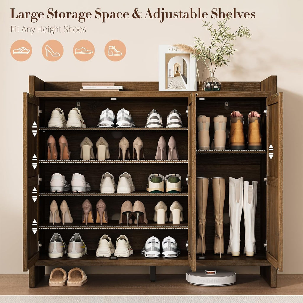 Shoe Cabinet Storage for Entryway - Rattan Accent Cabinet with 3 Doors & Adjustable Shelves, 6-Tier Large Wood Shoes Cabinets with Organizer Rack for Entry Way, Hallway, Living Room, Walnut