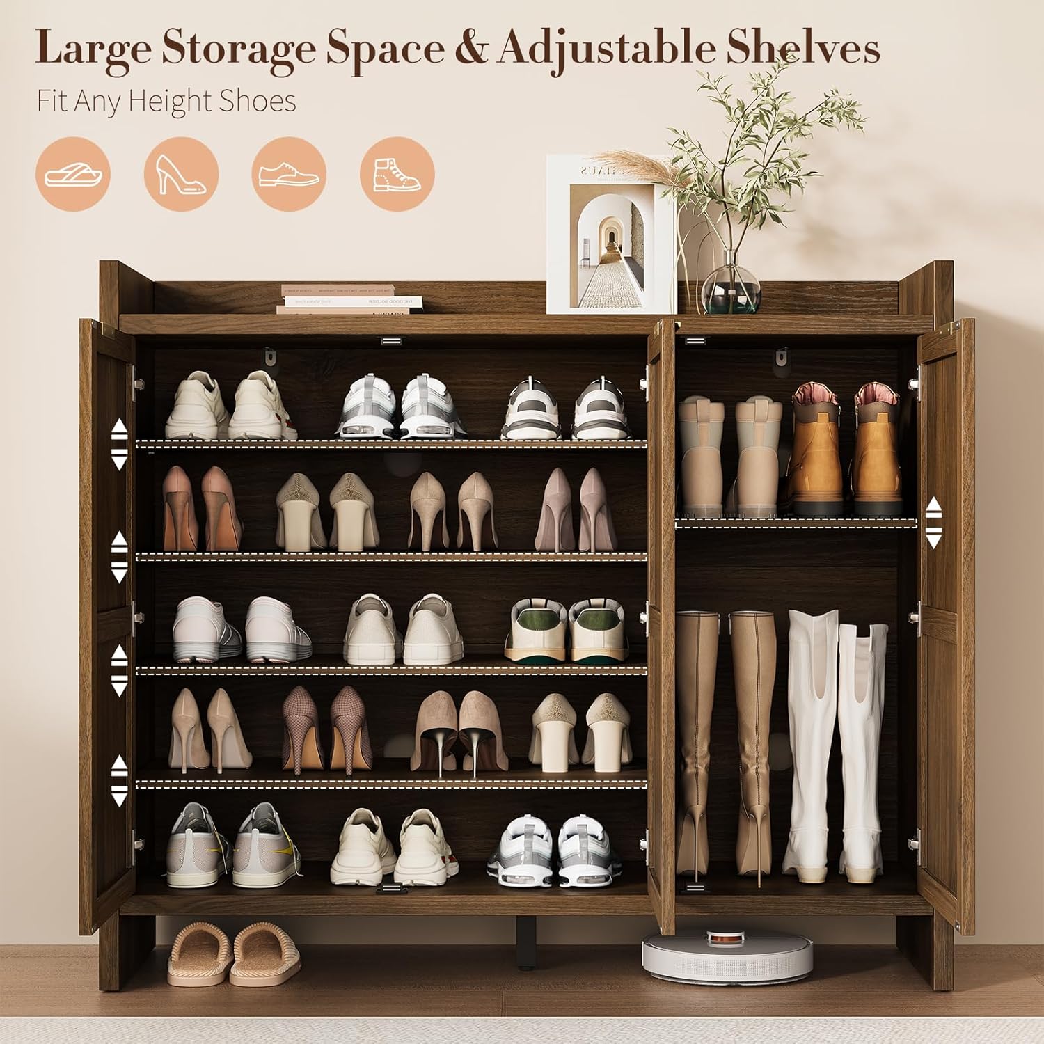 Shoe Cabinet Storage for Entryway - Rattan Accent Cabinet with 3 Doors & Adjustable Shelves, 6-Tier Large Wood Shoes Cabinets with Organizer Rack for Entry Way, Hallway, Living Room, Walnut