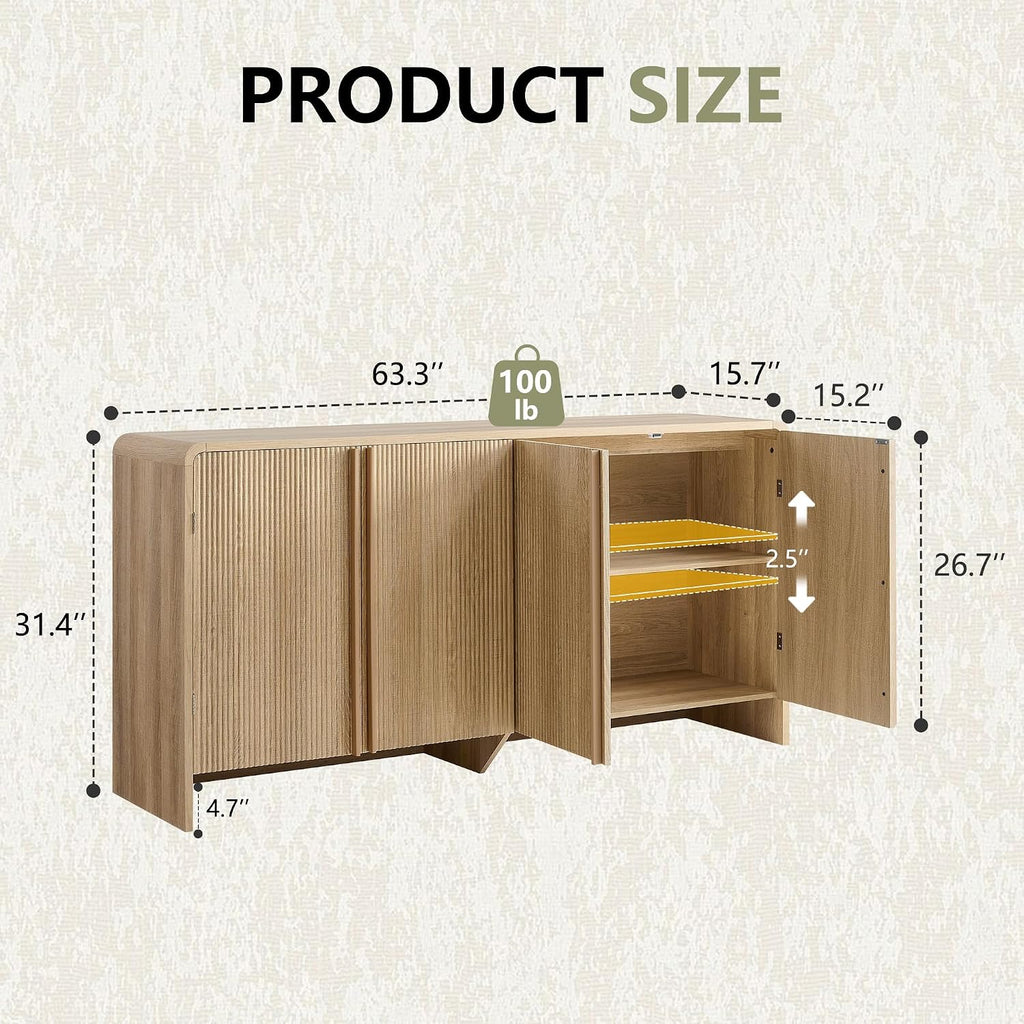 AMERLIFE 63" Fluted Sideboard Buffet Cabinet with Storage, Modern Credenza Console with 4 Doors & Adjustable Shelves, Wood Coffee Bar for Kitchen, Living Room, Hallway, Natural Oak