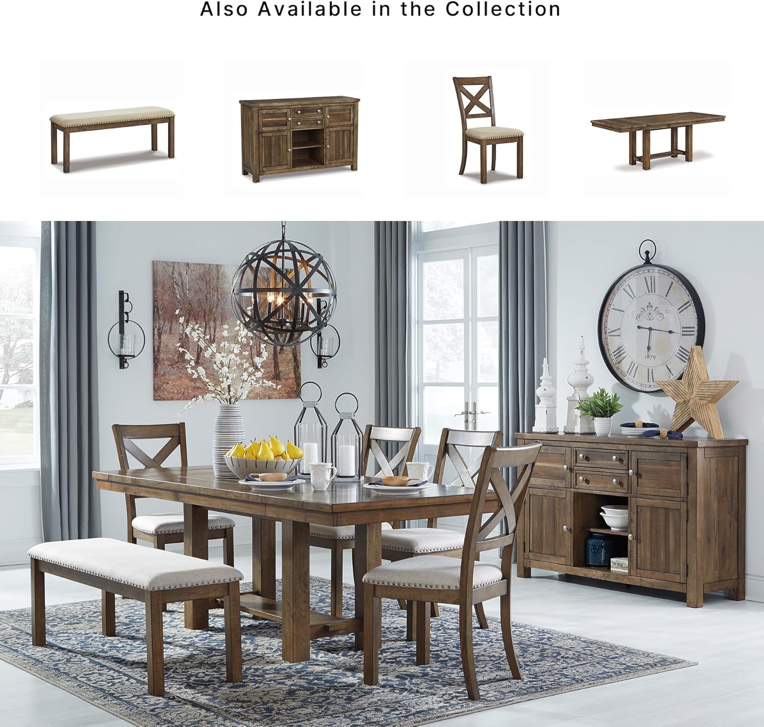Signature Design by Ashley Moriville Casual Rustic Upholstered Dining Bench, Grey & Brown