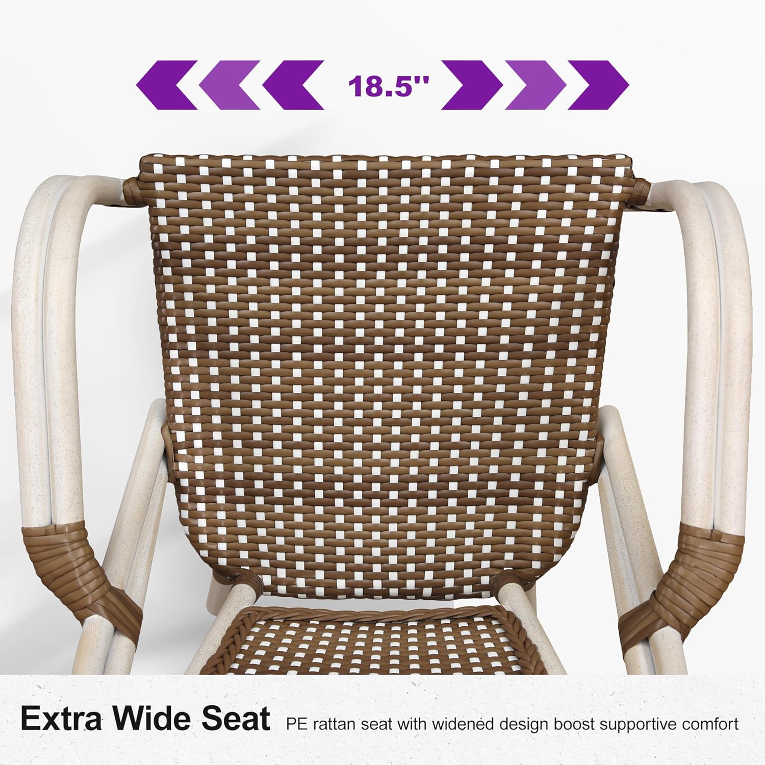 PURPLE LEAF Rattan French Bistro Armchairs Set of 2, White Finish, Brown | Paris Cafe Inspired Design, Supportive Seat for Comfort, Easy Move Aluminum Build, Easy Cleaning Less Hassle, Stackable