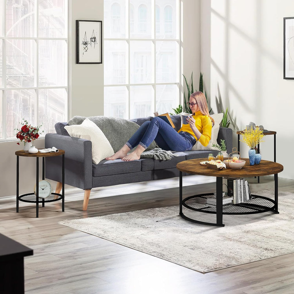 Recaceik Round Coffee Table and End Table Set of 3 with Storage, Modern Vintage Dark Brown Coffee Table and Side Table for Living Room, Office, Apartment, Small Space