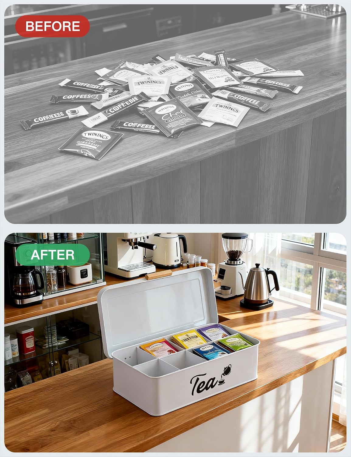 Farmhouse Tea Bag Organizer, Tea Bag Holder with 8 Compartments for Countertop, Tea Box Organizer with Wooden Handle for Home Kitchen